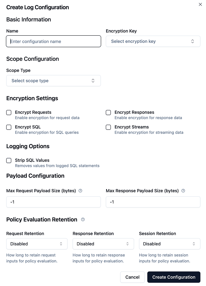Diagram showing Log Configuration components: Scope, Encryption/Logging settings, and Retention Rules