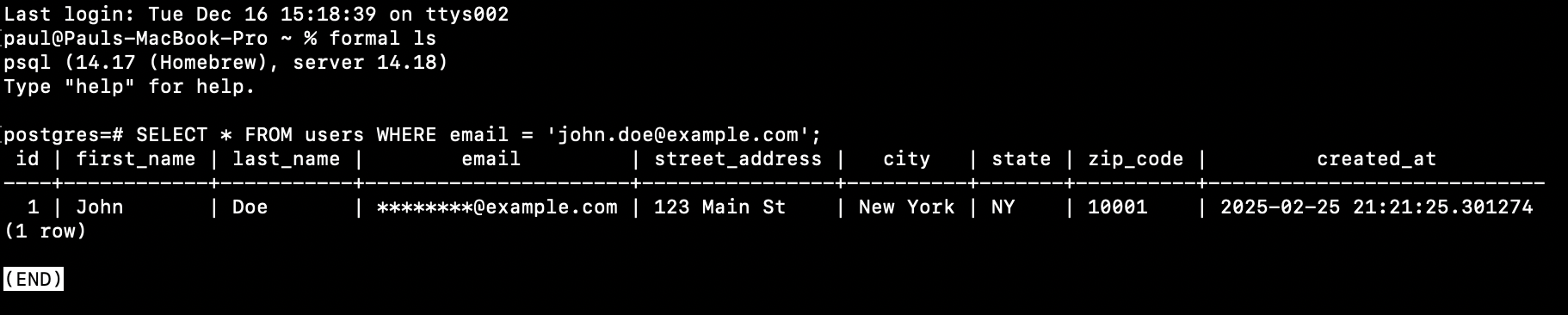 SQL query log showing unfiltered query with exposed PII email address