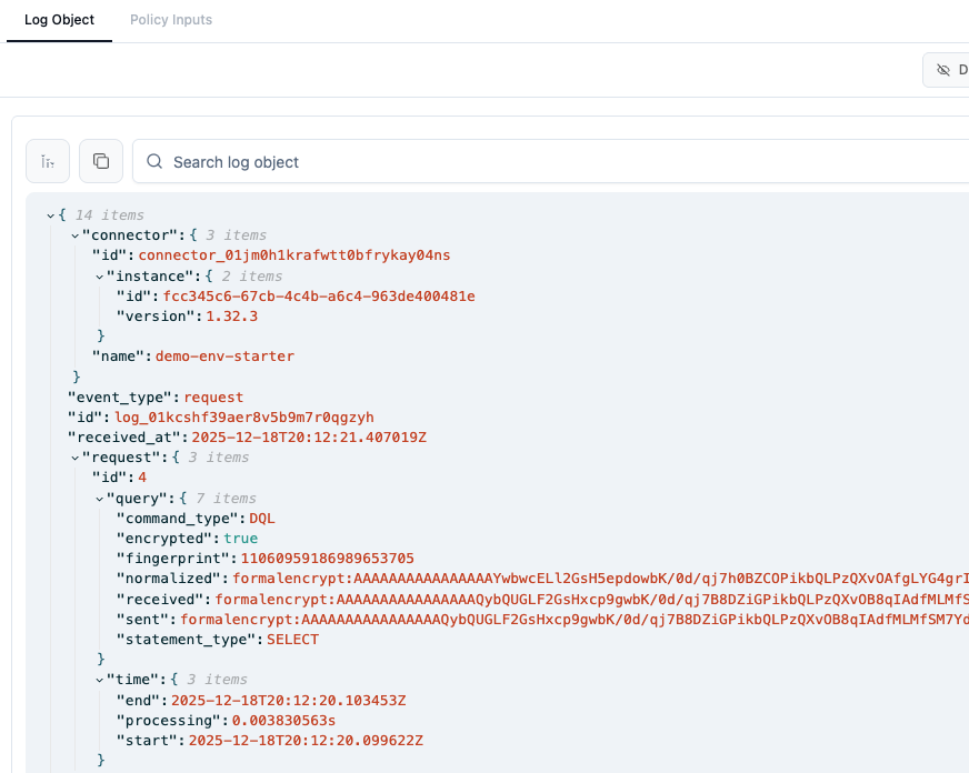 Log entry detail showing fully encrypted query content